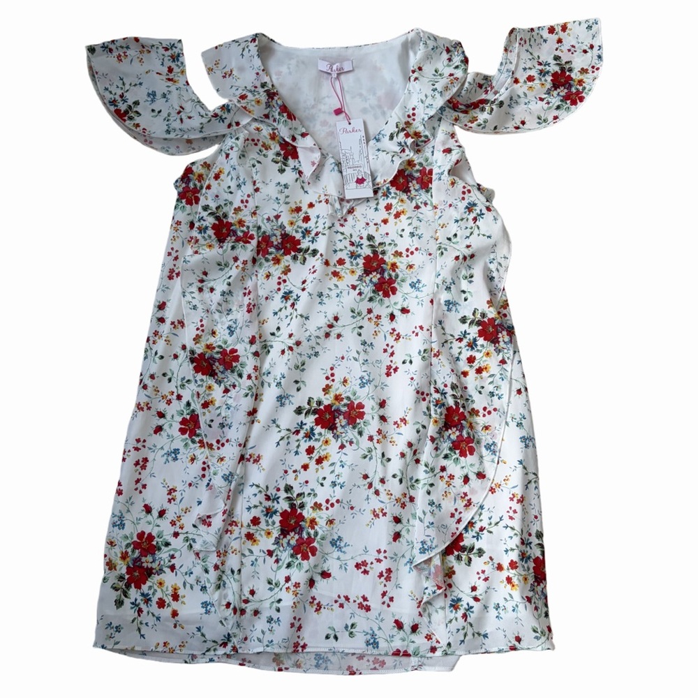 NWT Parker Sz S White Spring Ditsy Floral Cold Shoulder Lined Mini Ruffle  Dress - Picture 3 of 10
